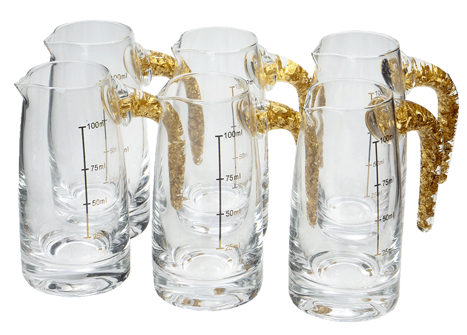 Baijiu Decanter Set - six 100ml glass decanters with gold handles